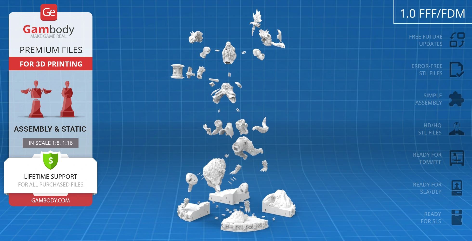 3D model parts of a character from World of Warcraft, distributed for assembly on a blue grid background.