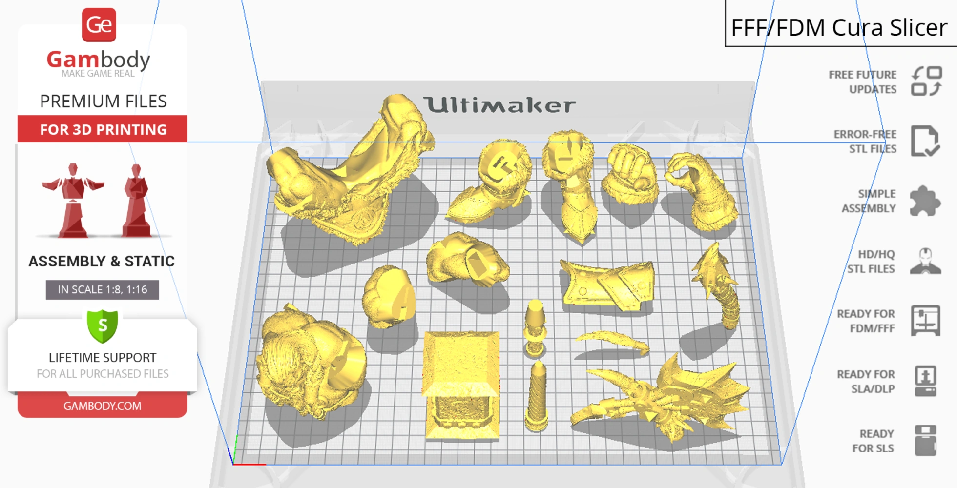 3D-print layout showing multiple parts of Thrall from World of Warcraft, arranged on a virtual grid.