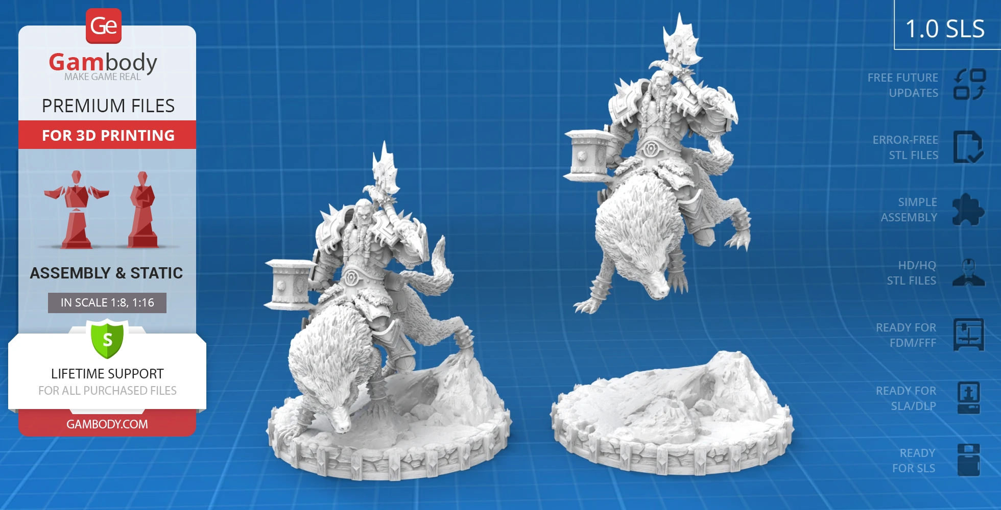A detailed 3D model of a warrior riding a wolf, ready for 3D printing from Gambody.
