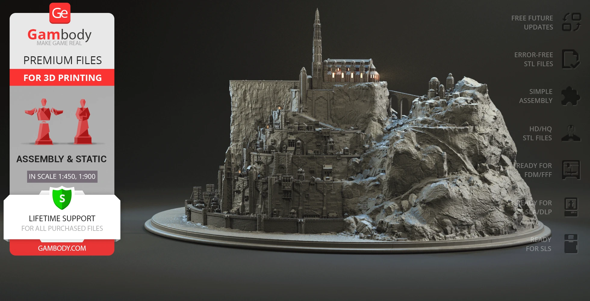 3D printed model of Minas Tirith from Lord of the Rings, featuring detailed city and landscape.