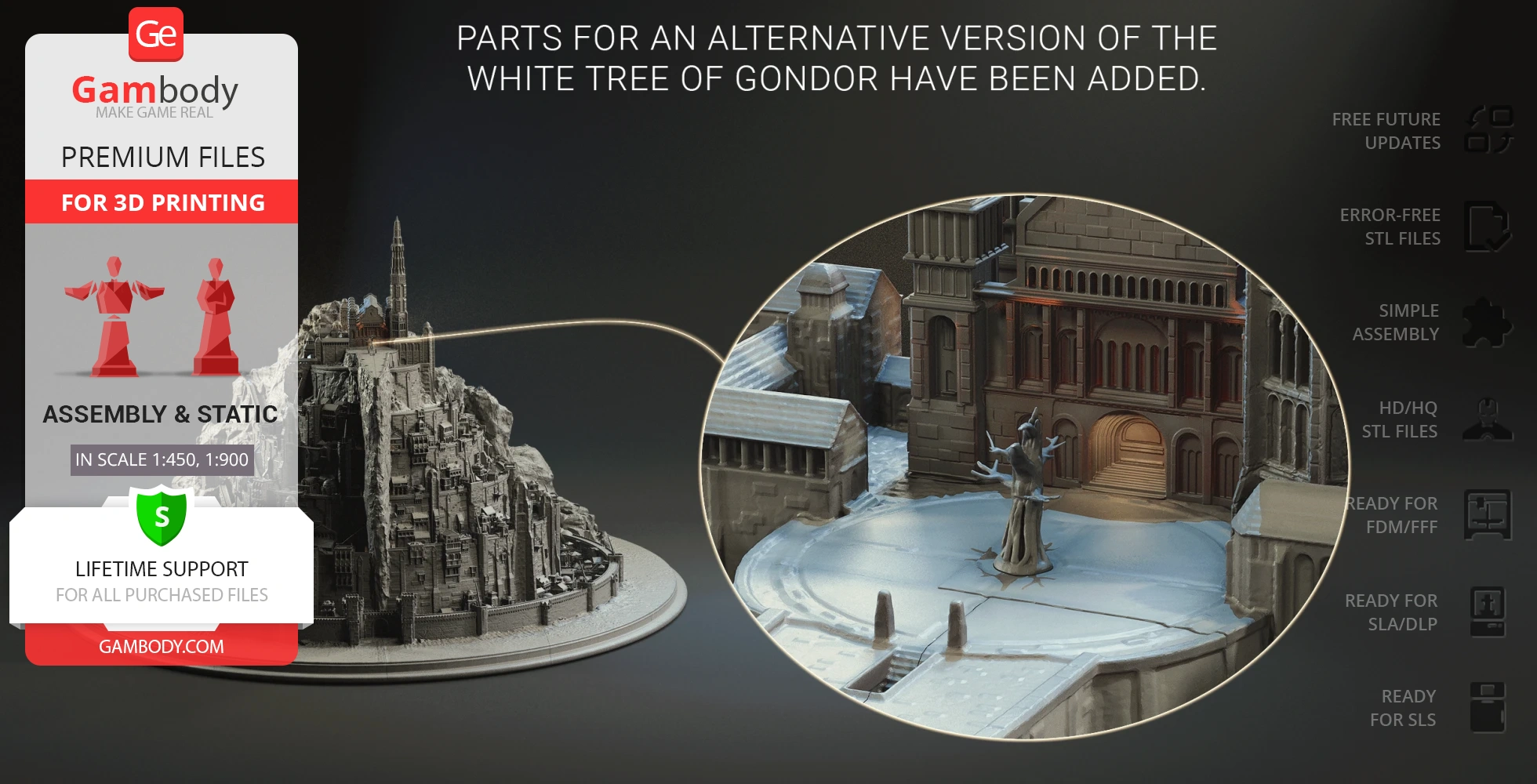 3D model of Minas Tirith from LOTR with detailed structures and added White Tree of Gondor.