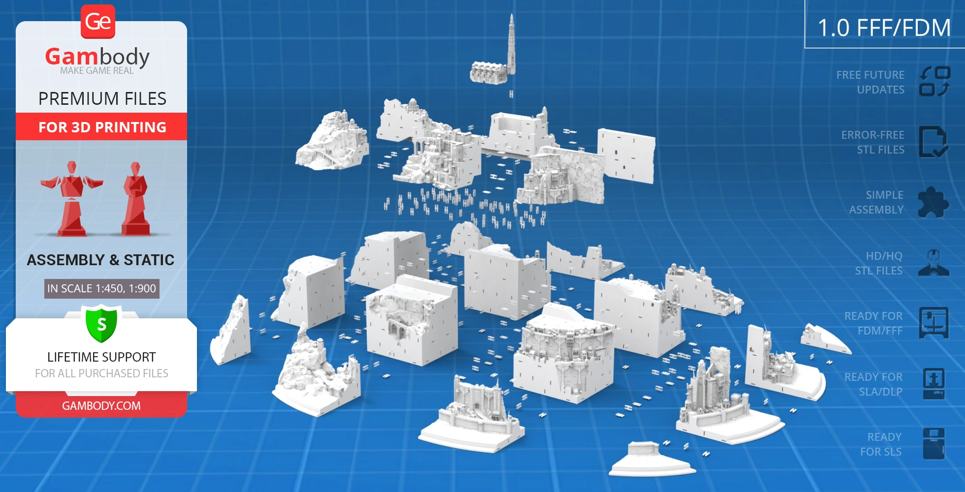 3D model parts of Minas Tirith from LOTR are displayed for assembly on a blue grid background.