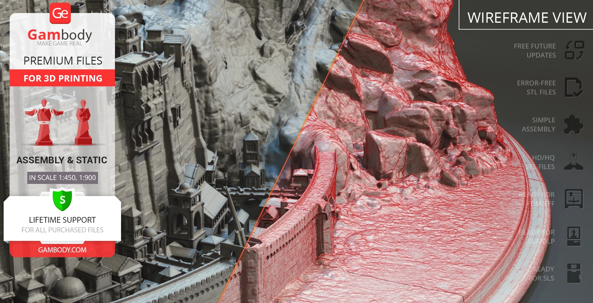 3D model of Minas Tirith from LOTR, split view with rendered and wireframe sections for 3D printing.