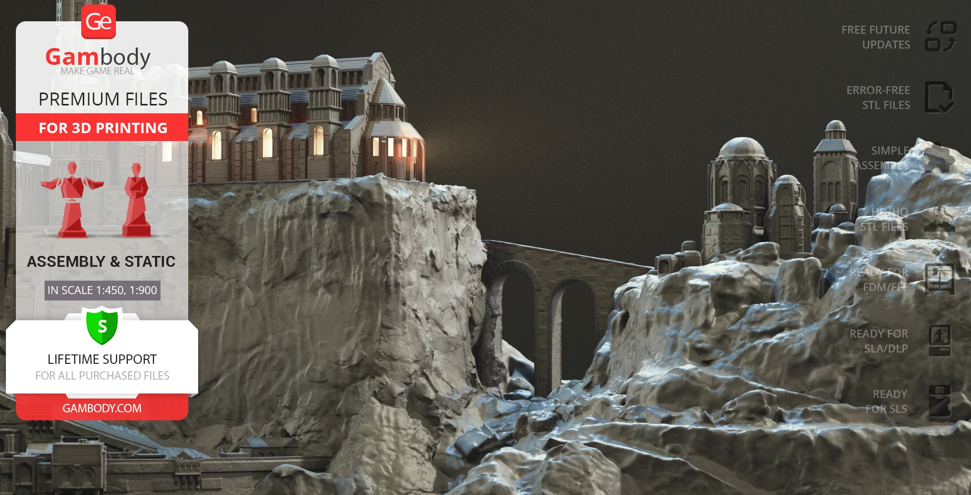 Detailed 3D model of Minas Tirith from LOTR on rocky terrain, ready for 3D printing.