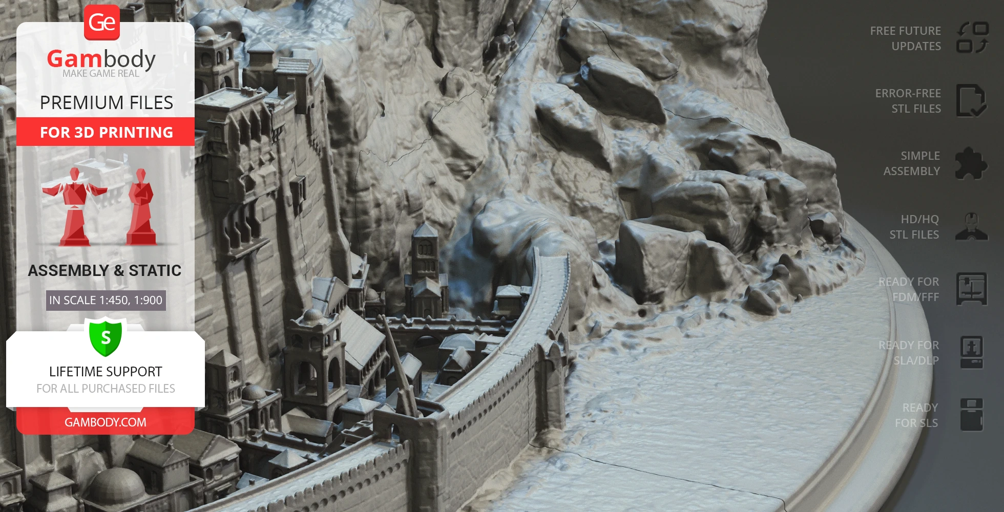 Intricate 3D model of Minas Tirith with detailed walls and structures for 3D printing.