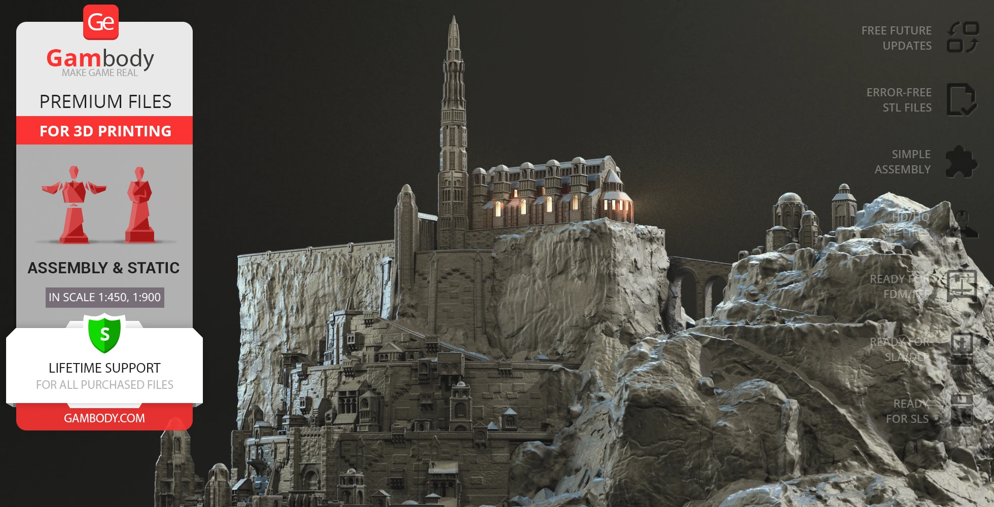Detailed 3D model of Minas Tirith from LOTR, ready for printing, shown on a rocky cliff.