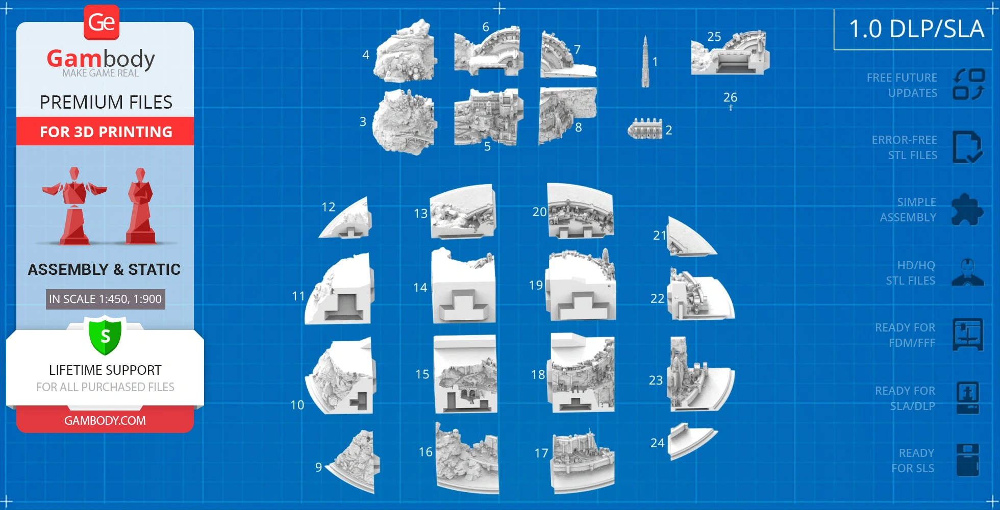 Grid layout of 26 numbered Minas Tirith 3D model parts for assembly and 3D printing from Gambody.