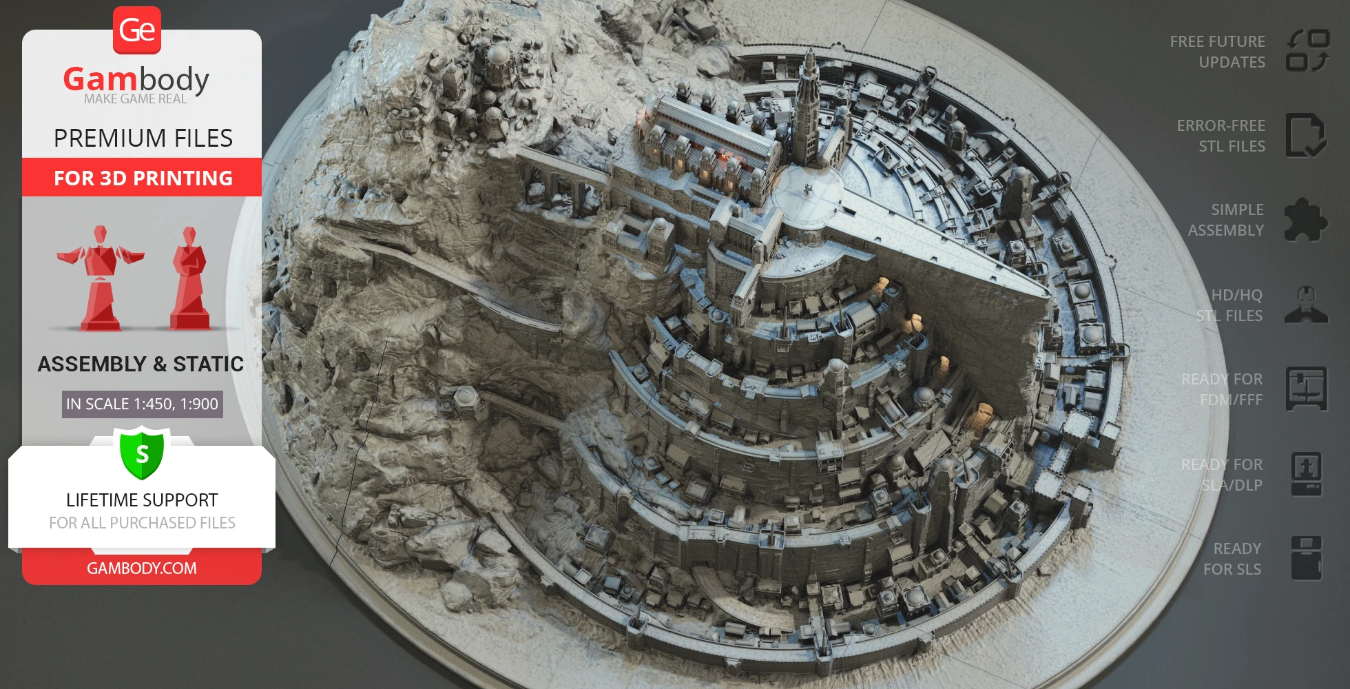 Detailed 3D model of Minas Tirith from LOTR, featuring tiered levels and rocky mountain base.