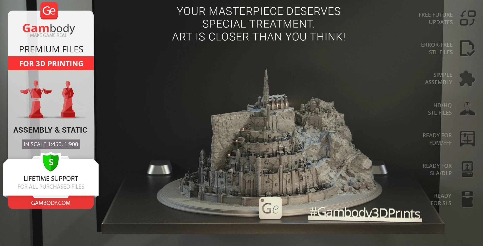 A detailed 3D model of Minas Tirith from Lord of the Rings, on display for 3D printing.