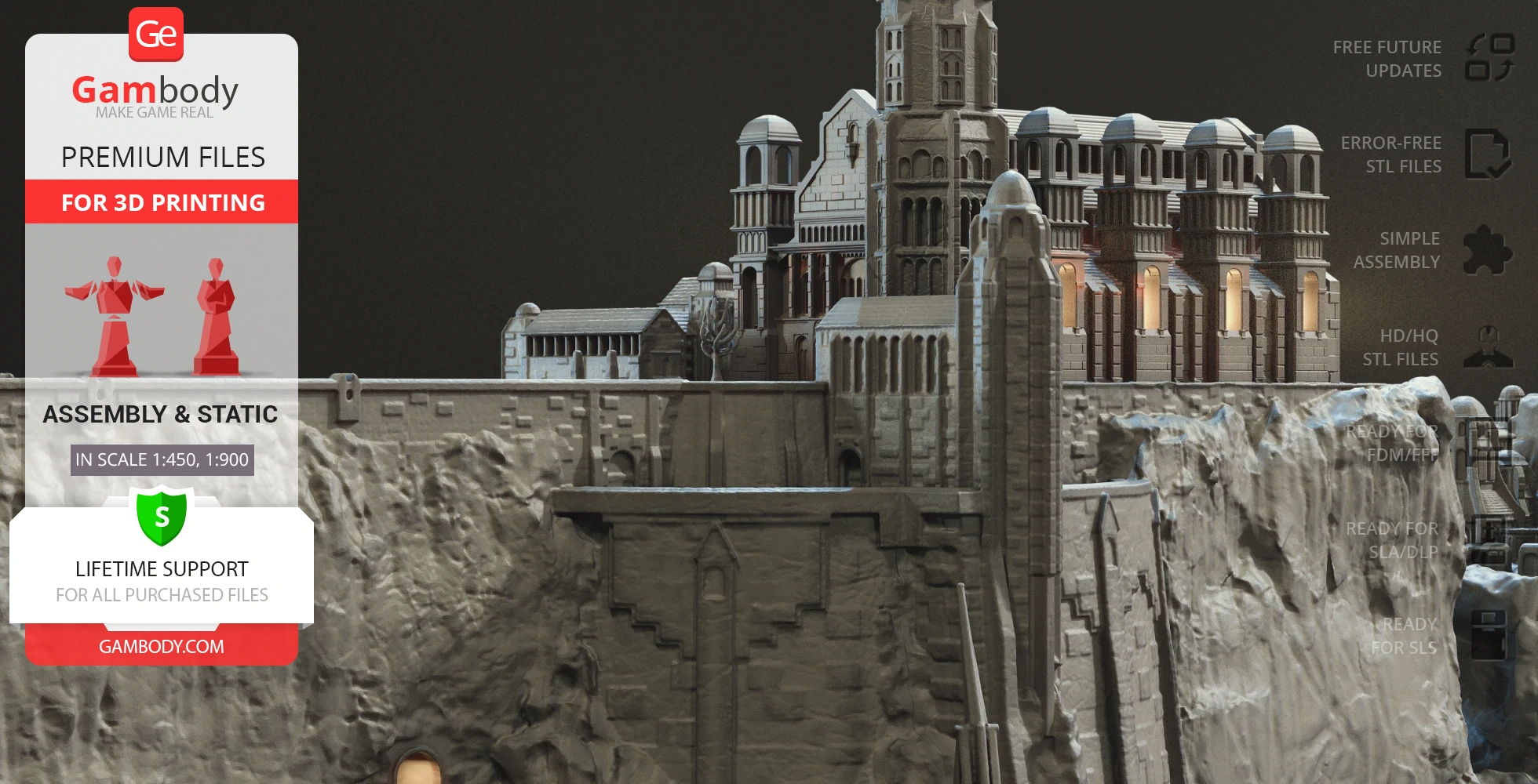 3D model of Minas Tirith from LOTR, featuring detailed architecture and rocky landscape.