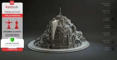 Detailed 3D model of Minas Tirith from LOTR, designed for 3D printing, on a circular base.