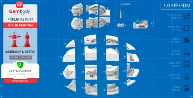 Blueprint of Minas Tirith 3D model, divided into parts for 3D printing, with assembly instructions.