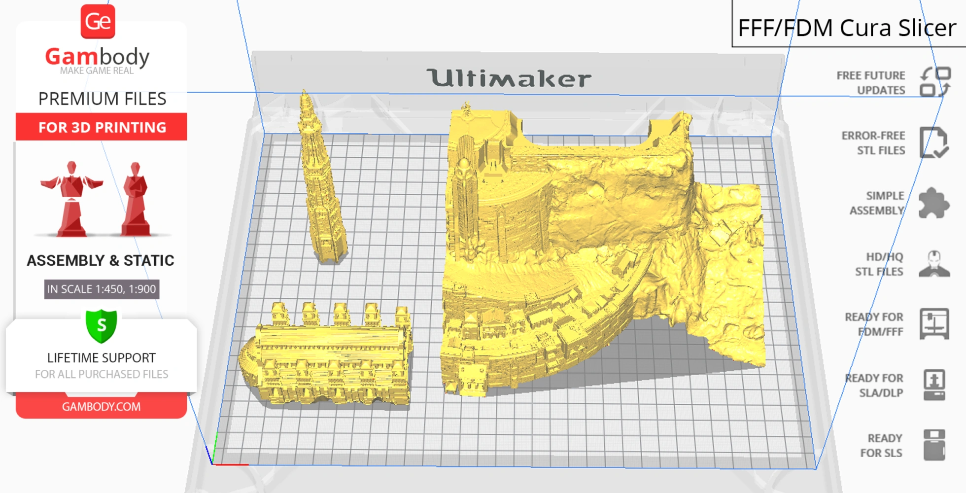 A 3D model of Minas Tirith in yellow on a grid, ready for 3D printing with assembly details.