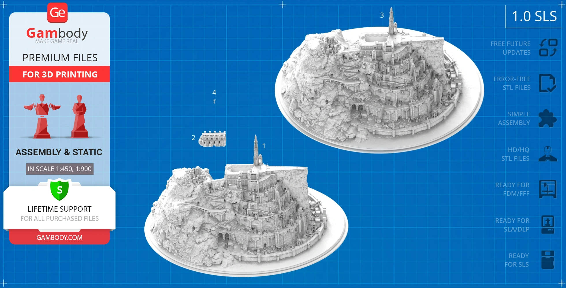Detailed 3D model of Minas Tirith on display bases, designed for 3D printing.