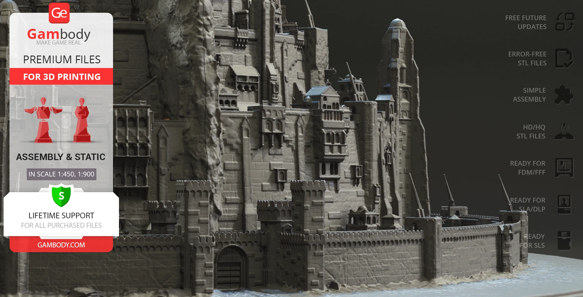 A detailed 3D model of Minas Tirith from LOTR, featuring intricate walls and towers.