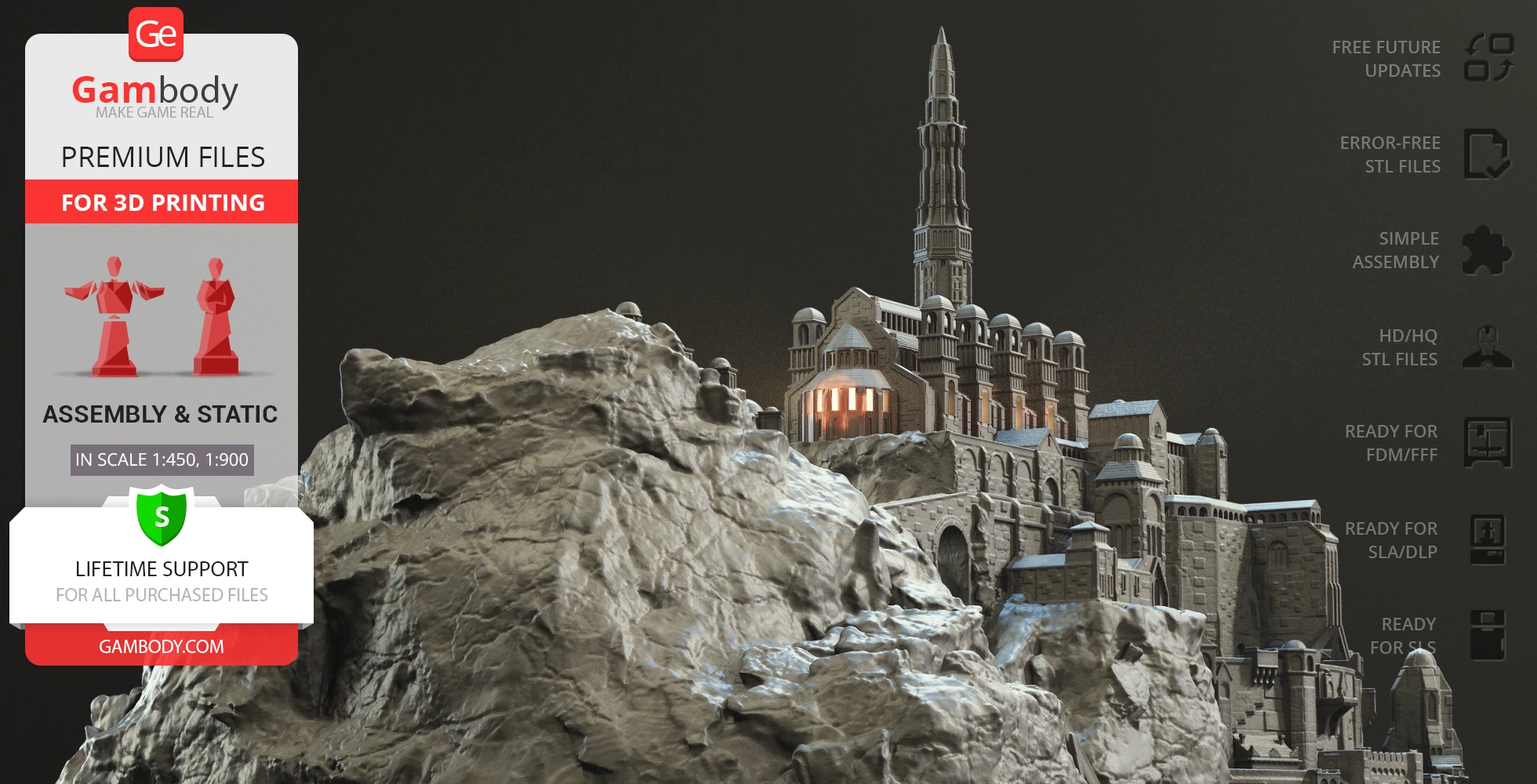 Detailed 3D model of Minas Tirith from LOTR, featuring intricate castle structures and rocky terrain.