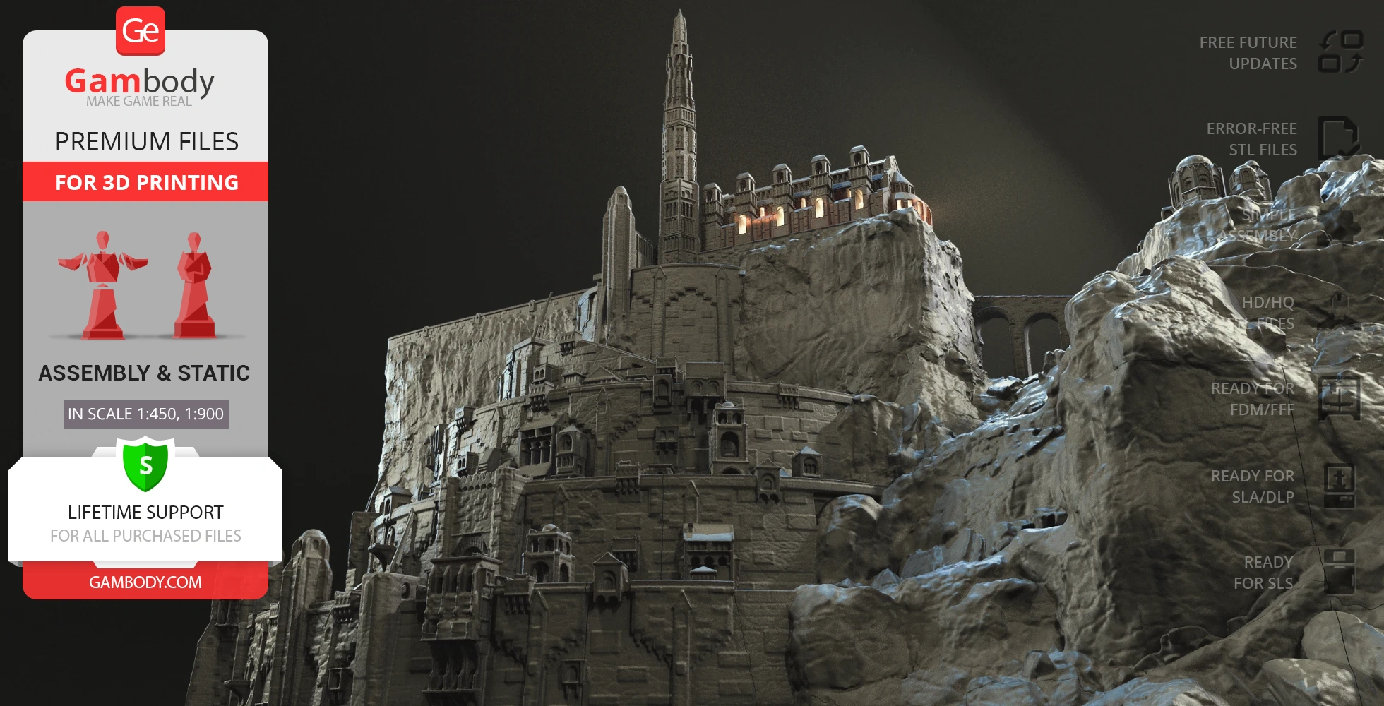 Detailed 3D model of Minas Tirith from LOTR, set against a rocky cliff, with intricate architectural details.