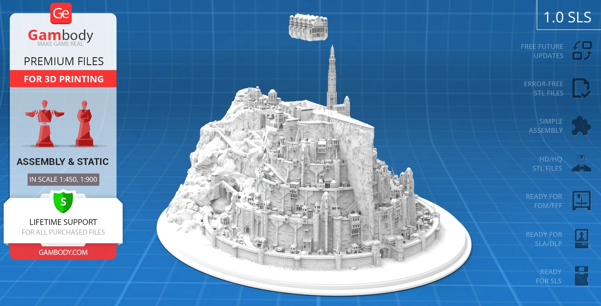 Detailed 3D model of Minas Tirith from LOTR on a circular base, suitable for 3D printing.