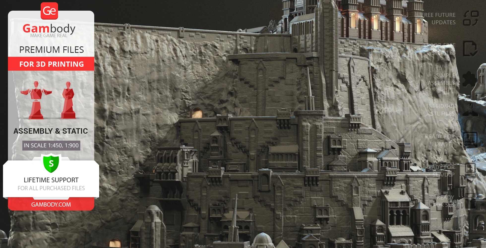 Detailed 3D model of Minas Tirith from LOTR, designed for 3D printing.