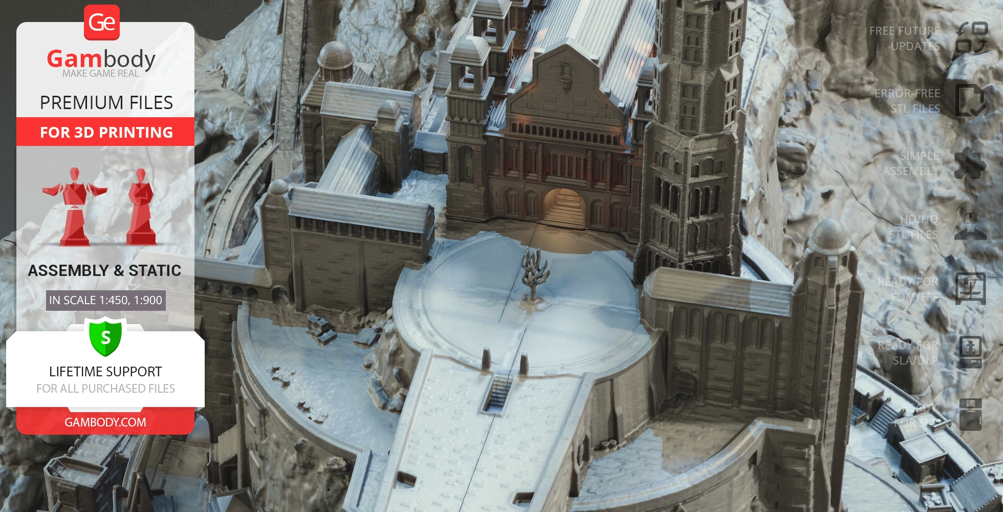 Highly detailed 3D model of Minas Tirith for printing, featuring intricate architecture and structures.