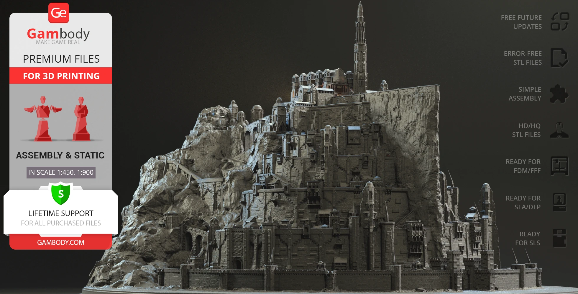 Detailed 3D model of Minas Tirith from LOTR, showcased on a rocky base for 3D printing.