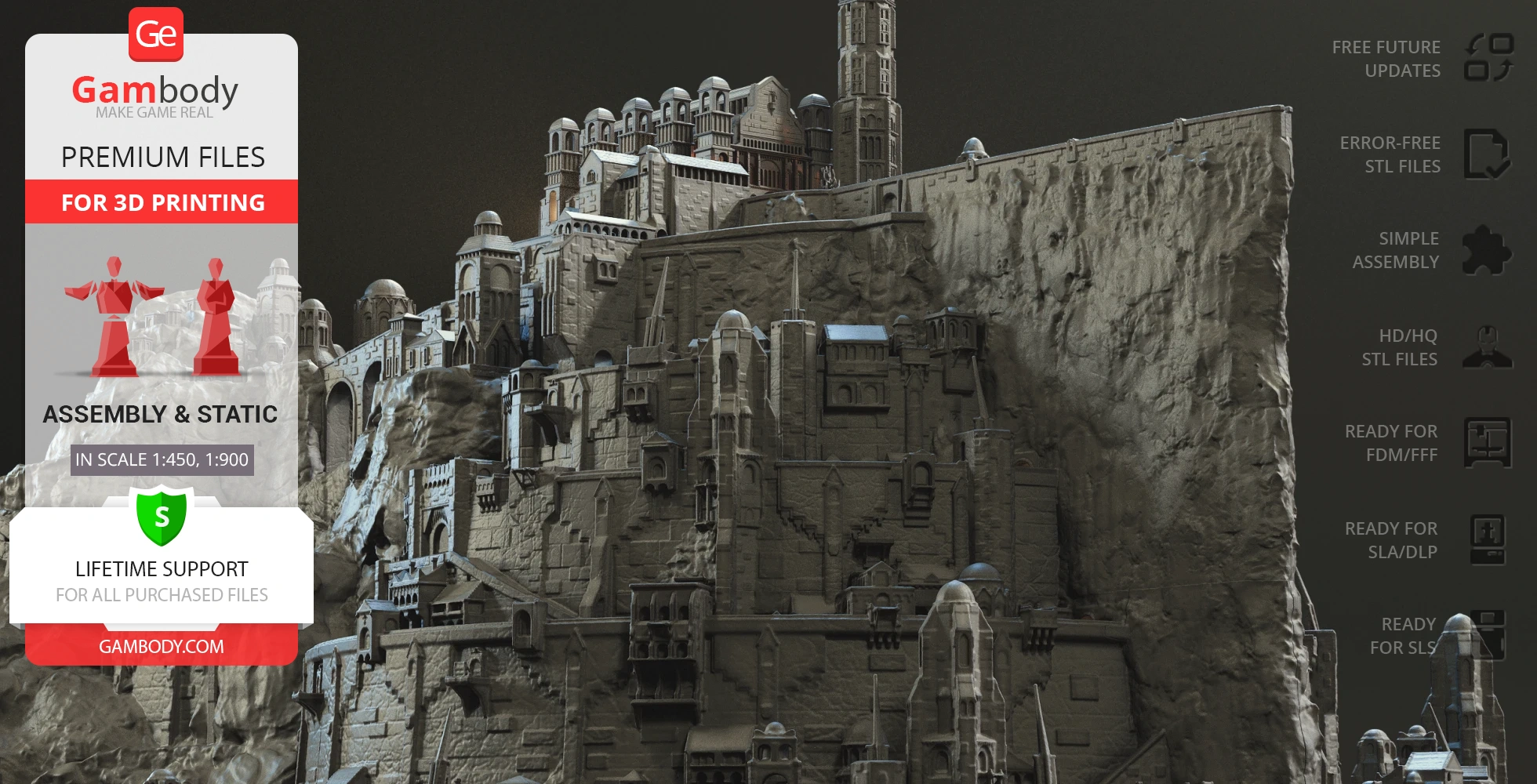 Detailed 3D model of Minas Tirith from LOTR, showcasing intricate architecture on a rocky cliff.
