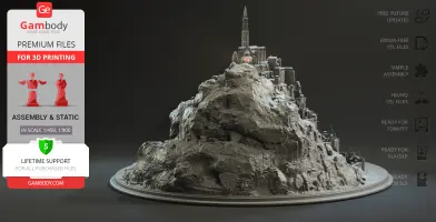 3D-printed model of a detailed, rocky city structure atop a mountain, resembling Minas Tirith.