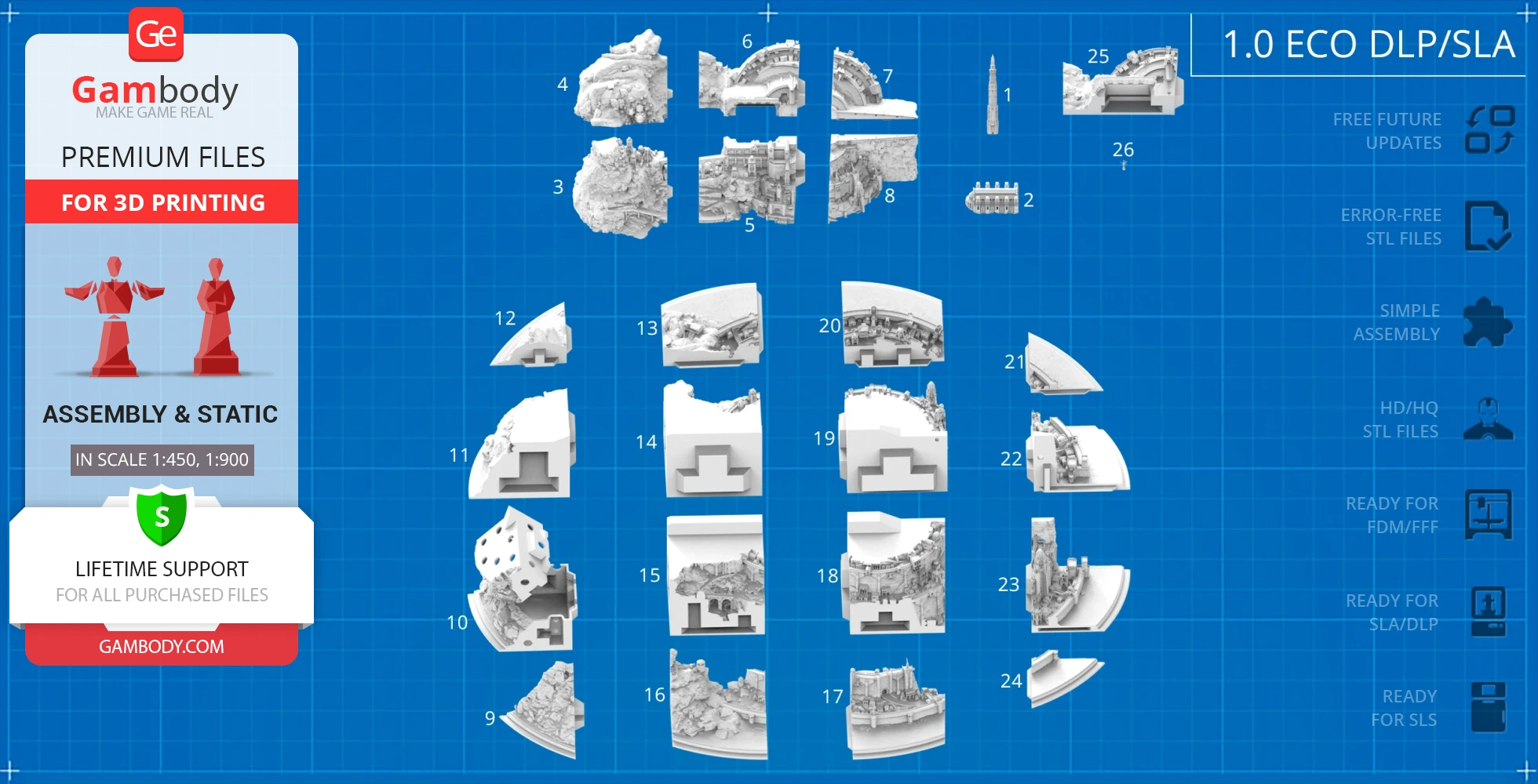 Grid layout of 3D printable parts for Minas Tirith model assembly from Gambody.