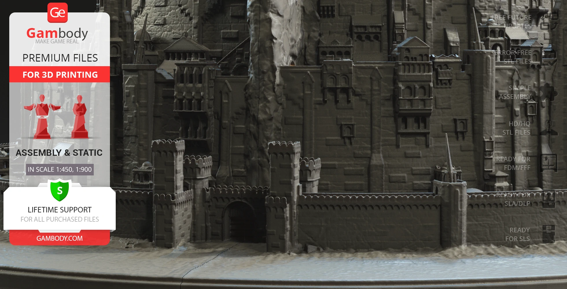 Detailed 3D model of Minas Tirith from LOTR for printing, with fortress walls and intricate architecture.