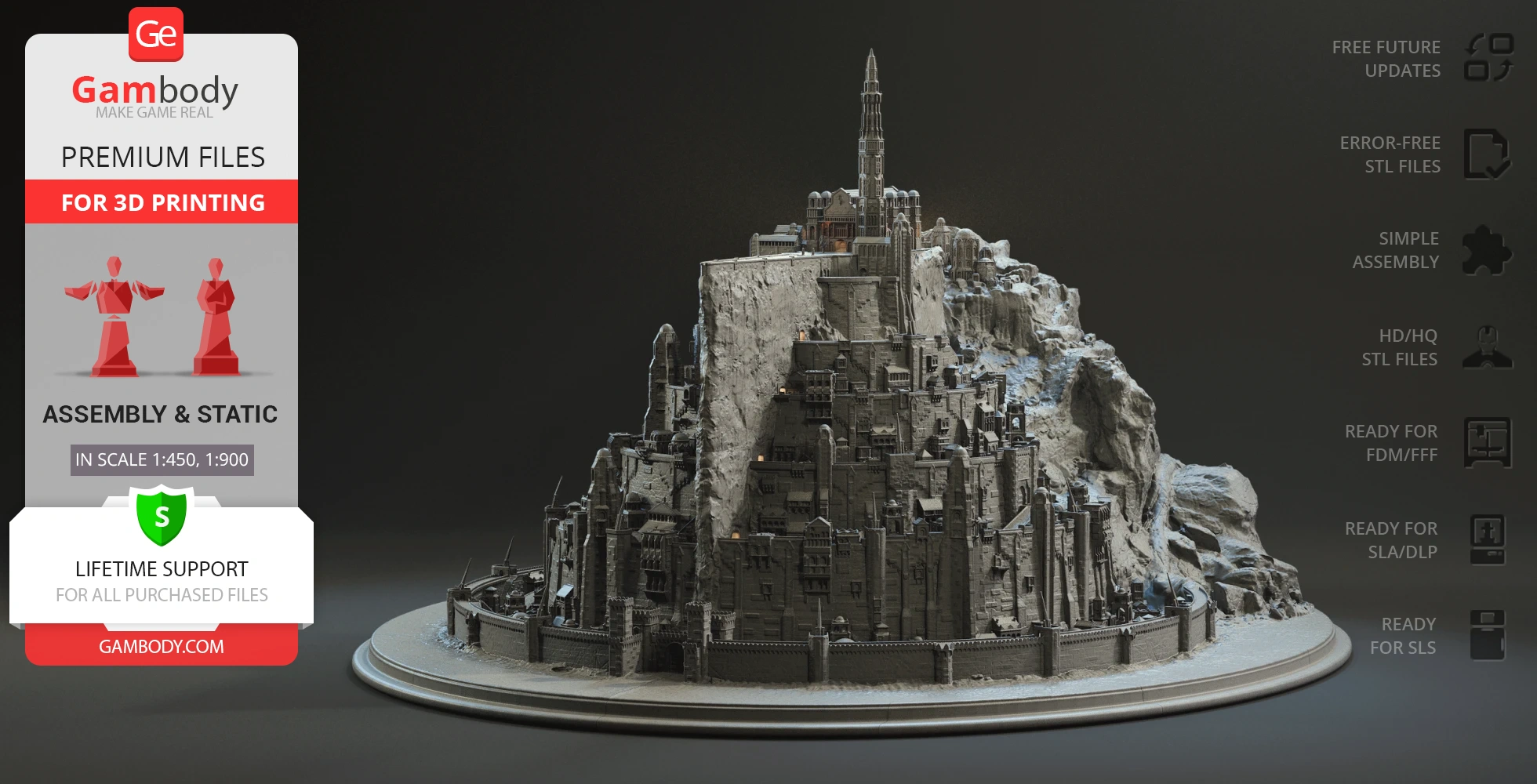 Intricate 3D model of Minas Tirith on a circular base, showcasing detailed architecture for 3D printing.