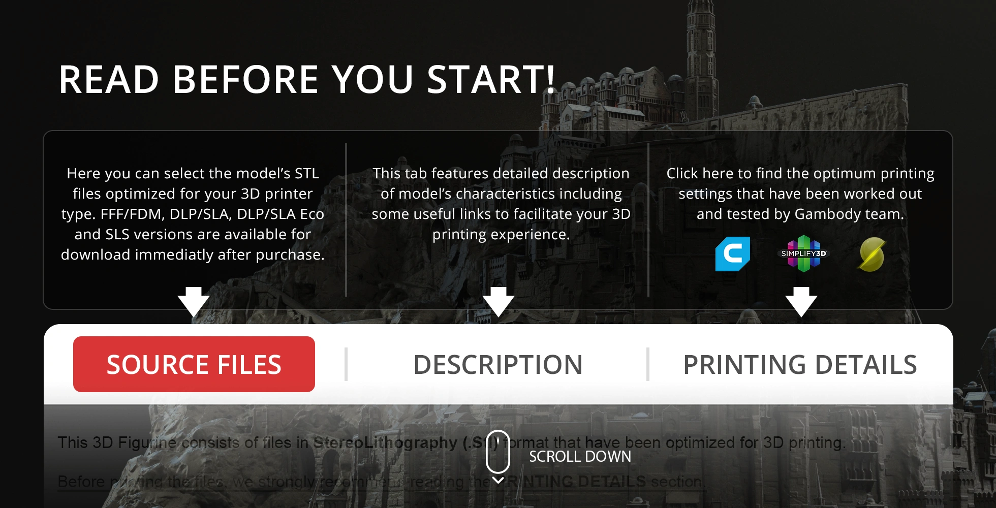 Instructions for downloading and printing 3D model files of Minas Tirith from Gambody.