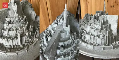 Detailed 3D printed model of Minas Tirith from LOTR, depicting intricate city structures and fortifications.