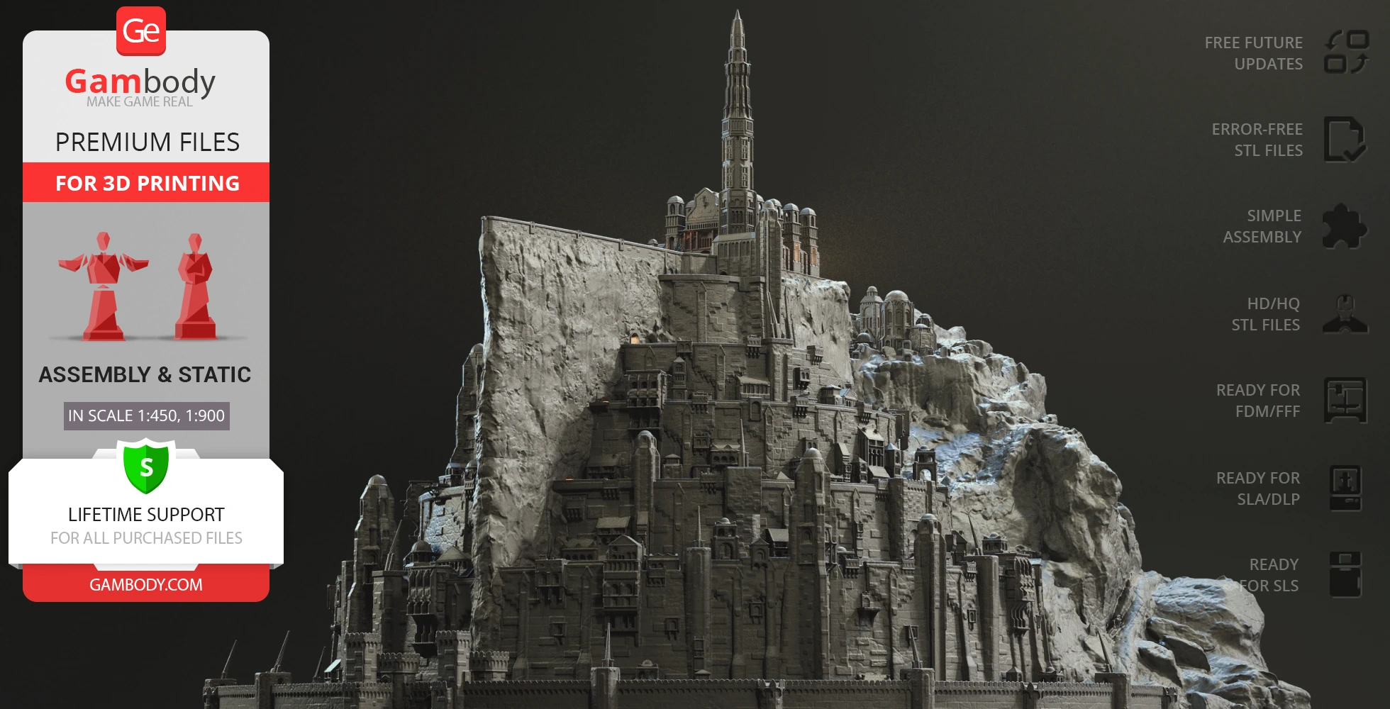 Detailed 3D model of Minas Tirith from Lord of the Rings, showcasing intricate architectural features.