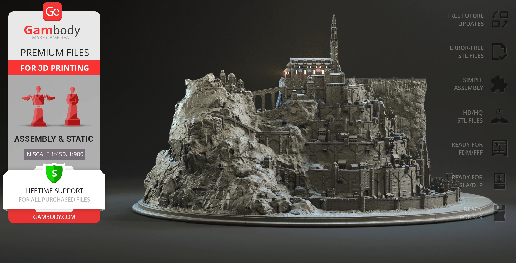 Detailed 3D model of Minas Tirith from LOTR, featuring tiered city and rocky base for 3D printing.