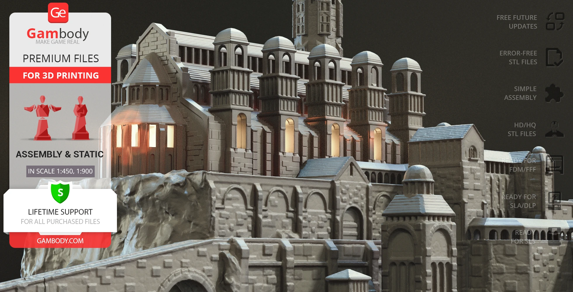 Detailed 3D model of Minas Tirith from LOTR, featuring intricate architecture and towering structures.