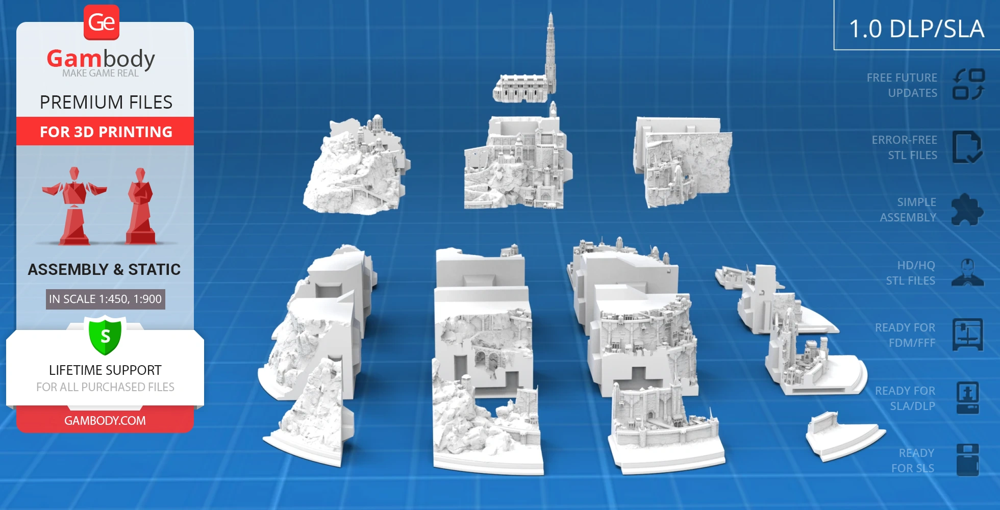 3D printed model parts of Minas Tirith from LOTR, displayed on a grid background for assembly.