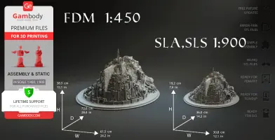Two detailed 3D models of Minas Tirith, scaled for 3D printing at 1:450 and 1:900 ratios.
