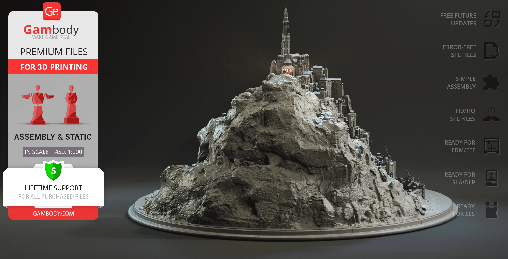 3D-printed model of a detailed, rocky city structure atop a mountain, resembling Minas Tirith.