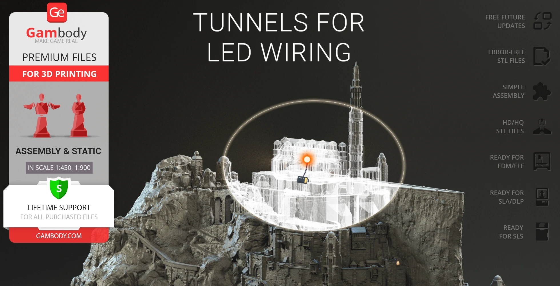 Detailed 3D model of Minas Tirith from LOTR, featuring tunnels for LED wiring.