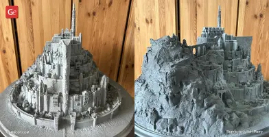 Intricate 3D model of Minas Tirith, depicting detailed architecture and rocky terrain.