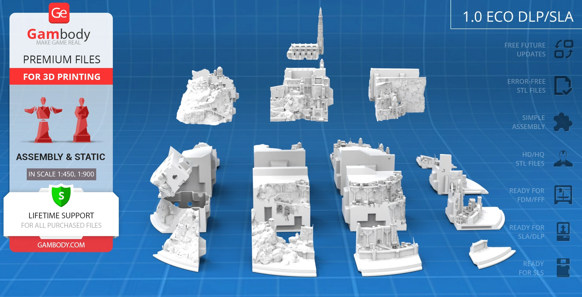 3D printed models of Minas Tirith from LOTR, displayed in sections for assembly.