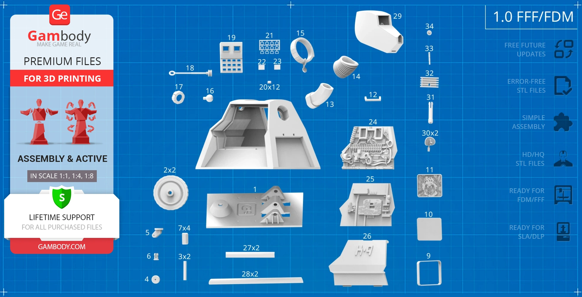 Chart displaying multiple 3D model parts for K9 Mark II assembly, arranged on a grid background.