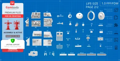 Assorted 3D model components on a blueprint background for K9 Mark II assembly from Gambody.