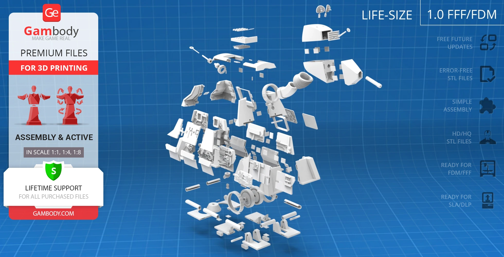 Exploded view of 3D printable K9 robot parts, showcasing assembly components.