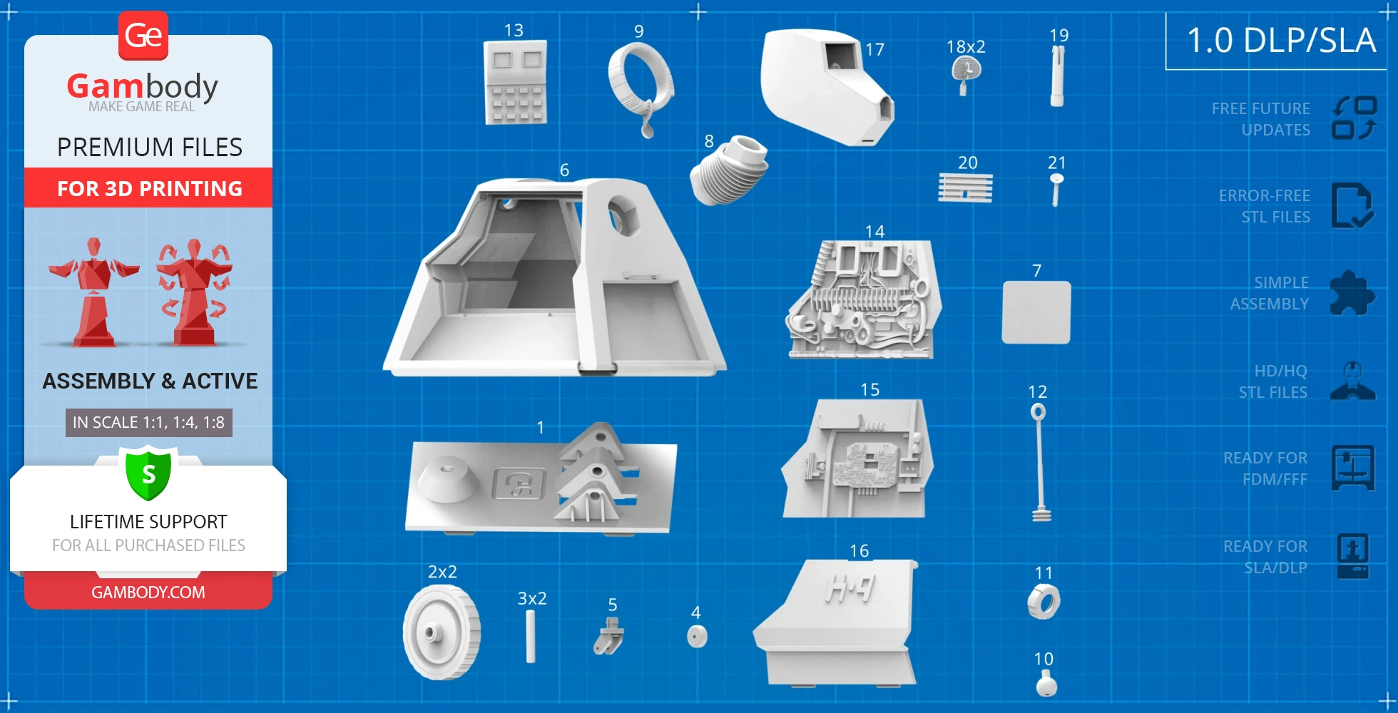 Collection of 3D printed parts for assembling a robotic dog model, displayed on a blueprint background.