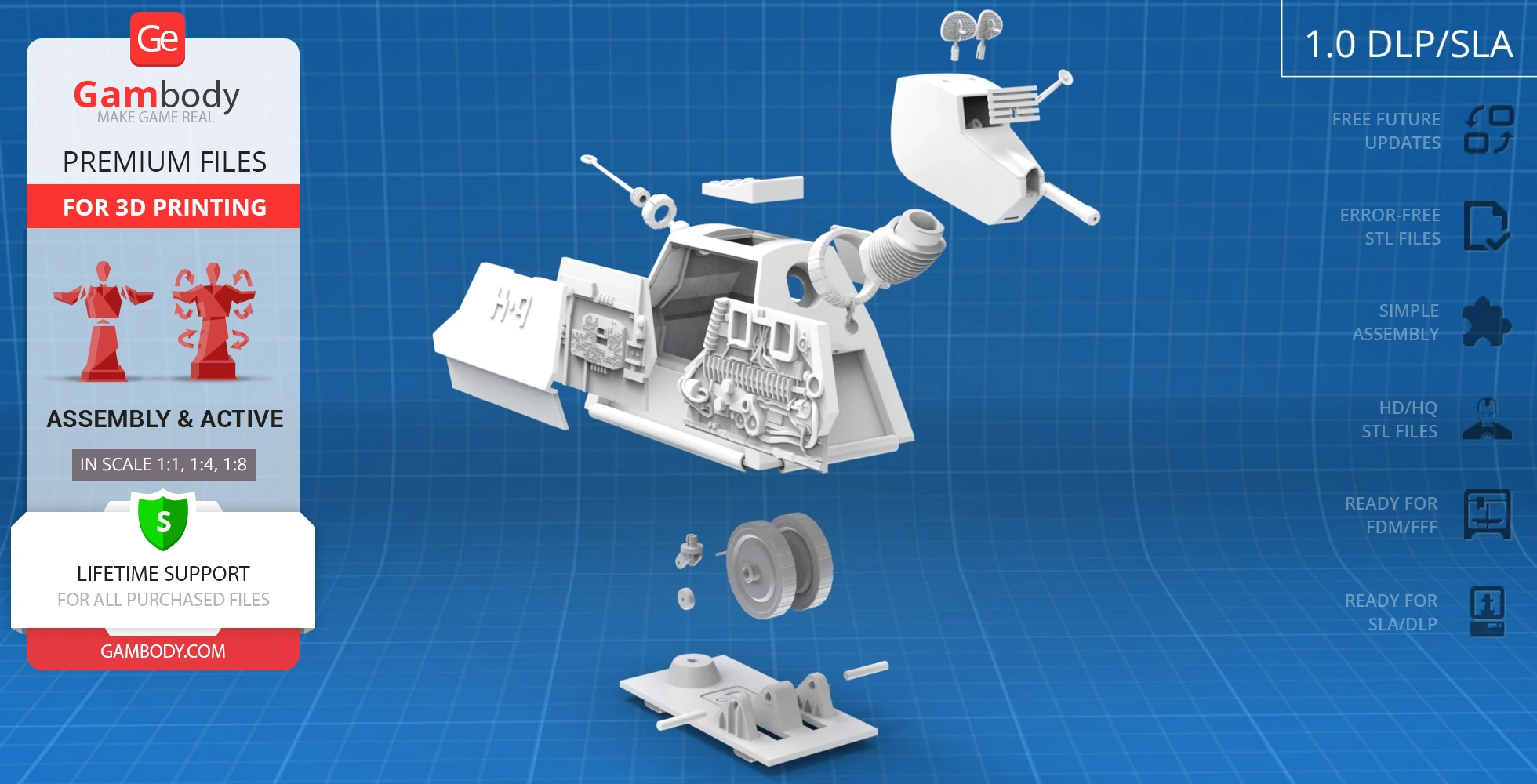 Exploded view of K9 Mark II 3D model parts for assembly, displayed on a grid background.