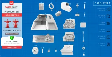 Collection of 3D printed parts for assembling a robotic dog model, displayed on a blueprint background.
