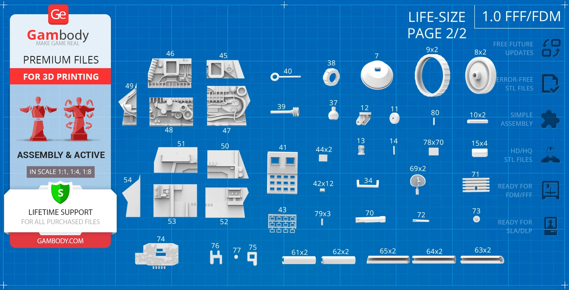 Assorted 3D model components on a blueprint background for K9 Mark II assembly from Gambody.