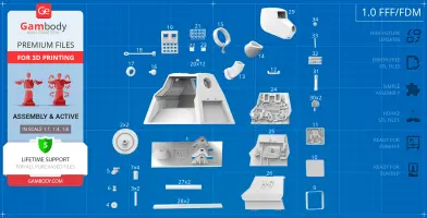 Chart displaying multiple 3D model parts for K9 Mark II assembly, arranged on a grid background.