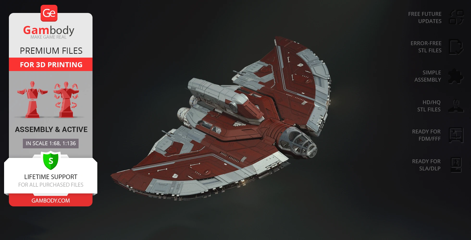 Red and gray spaceship model with a curved wing design, suitable for 3D printing.